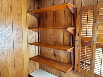 Four Adjustable Mid Century Teak Shelves On Custom Wall Brackets