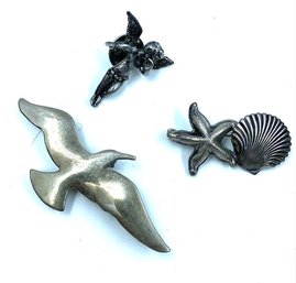 Trio Of Silvertone Brooch/pin Includes 925 Stamped