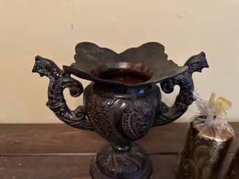 Very Heavy Iron Handled Urn And 2 Beautiful Pier One Candles