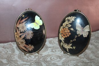 Vintage Pair Of 2 Dried Flower And Butterfly