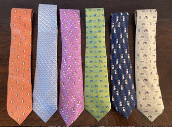 Six Hermes Silk Neck Ties Including Koala Bears, Made In France