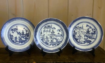 Three Chinese Canton Blue And White Export Ware 10' Plates