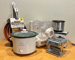 A Crock Pot, Vintage Pasta Press, Non Stick Copper Pans And More Kitchen Items