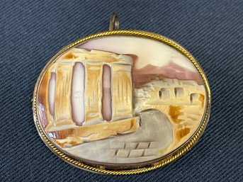 Antique Carved Shell Cameo Of Ruins Set In Silver