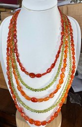 BEAUTIFUL DESIGNER JAY KING CARNELIAN AND GREEN GARNET 5 STRAND NECKLACE STERLING SILVER CLASP