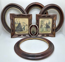 Vintage Wood Frames: 4 Ovals, 2 Rectangular With Vintage Prints & 1 Small Velvet