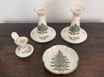 Spode Christmas Tree Candlestick Holders And Round Scalloped Trinket Dish