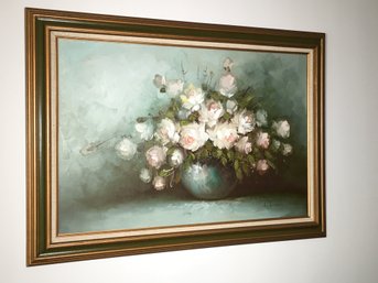 Very Nice Large Original Oil On Canvas Painting Floral Still Life In Original Frame Signed Anderson - NICE !