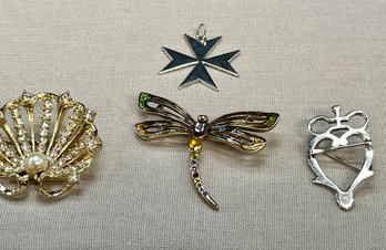 4PC Pins And Sterling Maltese Cross Pendant Lot - Monet, Scotland, Sterling