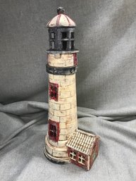 Great Old Paint ! - Fabulous Large Vintage Heavy Cast Iron Lighthouse Candle Holder - Top Holds Votive Candle