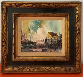 Van Gores, Signed, Oil On Board, Boat, Dock Scene.