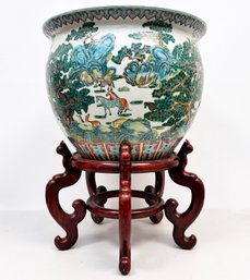 A Stunning Chinese Urn On Carved Wood Base - Large