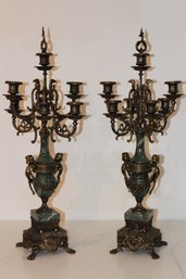 Stunning Pair Of Antique Seven Arm Gilt Bronze & Marble Candelabras