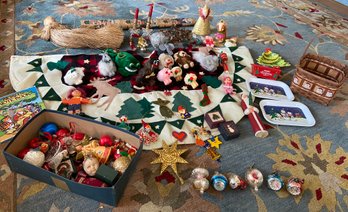 For Sale Is Christmas Lot #3: 1950w-1970s Ornaments, Tree Skirt With A Moose, Woven Angel, And More!