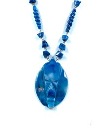 Fantastic Vintage Marbled Blue Stone Carved Pendant Necklace