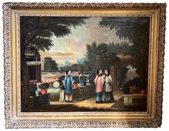 19th Century Chinese  Oil On Canvas Painting Depicting Female Figures In A Cultivated Garden