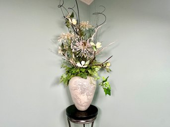 A Signed Raku Vase With Crackle Finish & Custom Faux Bouquet