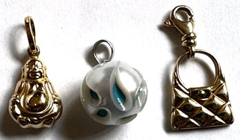 3 Charms: 14K Gold Purse & Buddha & Carved Pearl With Turquoise