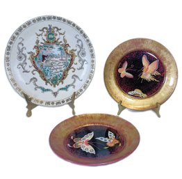 Three Decorative Plates-The Oklahoma Importing Company & Two Signed Piddy-vintage Decoupage On Arcoroc Glass