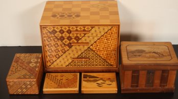 AMAZING LOT OF 4 INTRICATE WOODEN PUZZLE & MAGIC BOXES WITH INLAY AND A HAKONE INLAY STYLE STORAGE BOX