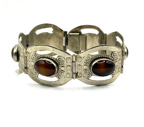 Vintage Taxco MEXICO Sterling Silver Tiger's Eye Ornate Bracelet