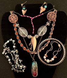 Vintage Jewelry Lot 14 - Dark Copper Tone Metal - Hematite Bracelets - Mystical Stone - Necklaces - Feathers