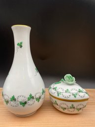Herend Hungary- Clover Leaf  Design, Bud Vase And Trinket Box.