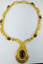 LARGE GOLD TONE AMBER GLASS NECKLACE