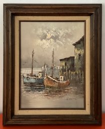 Vintage Signed W. Jones Oil On Canvas Boat Scene Painting.