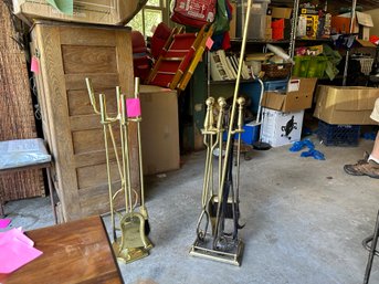 2 Sets Of Fireplace Tools With Long Brass Poker