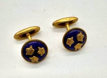 Pair Of Vintage Lagerstrom Sweden Cobalt Blue Enamel Gold Tone Crown Cufflinks