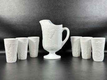 A Fantastic Vintage Beverage Set In Milk Glass By Colony, Harvest Pattern