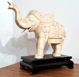 A Vintage Bone Tile Elephant Statue On Mount