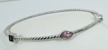 THIN STERLING SILVER TWIST BANGLE BRACELET WITH BLUE, PINK AND WHITE GLASS STONES