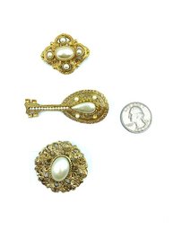 Grouping Of 3 Vintage Goldtone Brooches W/ Faux Pearl