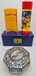 Asian Mother Of Pearl Trinket Box & New In Box Chien Tung Fortune Sticks  With Instructions