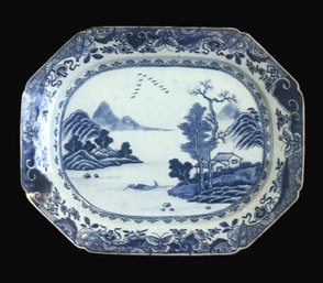 Mid 1800's Chinese Blue And White Canton Ware Platter