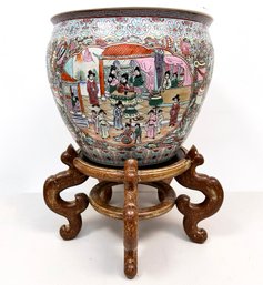 A Large Vintage Chinese Urn On Carved Wood Base