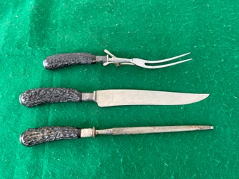 Carving Set With Antler Handle And Sterling Silver Bands