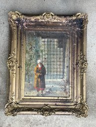 VICTORIAN PAINTING OF SANTA IN A TRENCHCOAT W/ A DOG IN GILTWOOD FRAME