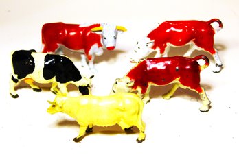 Fine Lot Of Five Vintage Antique Painted Lead Figures Cows