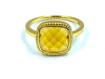 Gold Tone Ladies Ring Size 8 With Citrine Colored Stone