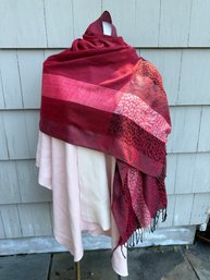 Martha Stewart Cotton Blend Pink/cream Reversible Wrap Paired With Dark Pink Tones Pashmina