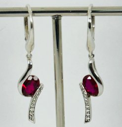 BEAUTIFUL STERLING SILVER RUBY AND WHITE TOPAZ DANGLE LEVERBACK EARRINGS