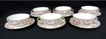 Set Of 6 Victoria China Czechoslovakia Double-Handled Rose Cream Soup Bowls With Underplates