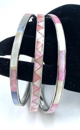 Trio Of Silvertone Mother Of Pearl Inlay Bangle Bracelets