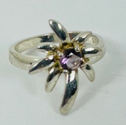 PRETTY STERLING SILVER PALM TREE STYLE PURPLE STONE RING