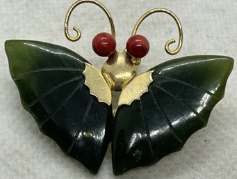 Vintage Chinese Carved Jade And Red Coral Moth Brooch