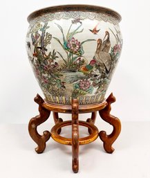 A Large And Beautiful Vintage Chinese Urn On Carved Wood Base