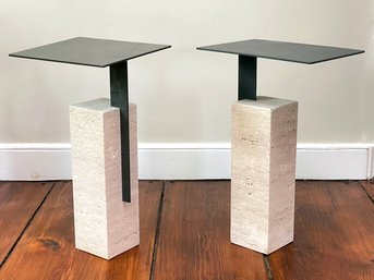 A Pair Of Metal And Travertine Marble Side Tables By Revival